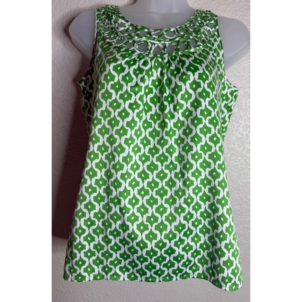 Banana Republic Women XS Tank Top Green White Geometric Lattice Cutout Neck